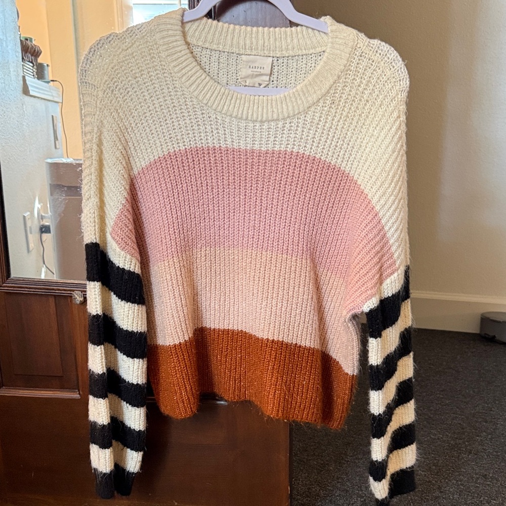 Striped Knit Sweater with Pink and Brown Accents